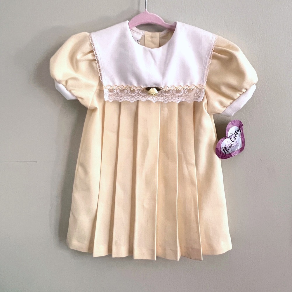 Rose Cottage Box Pleat Dress Baby Girls 18M Lace Peter Pan Collar Yellow Vintage